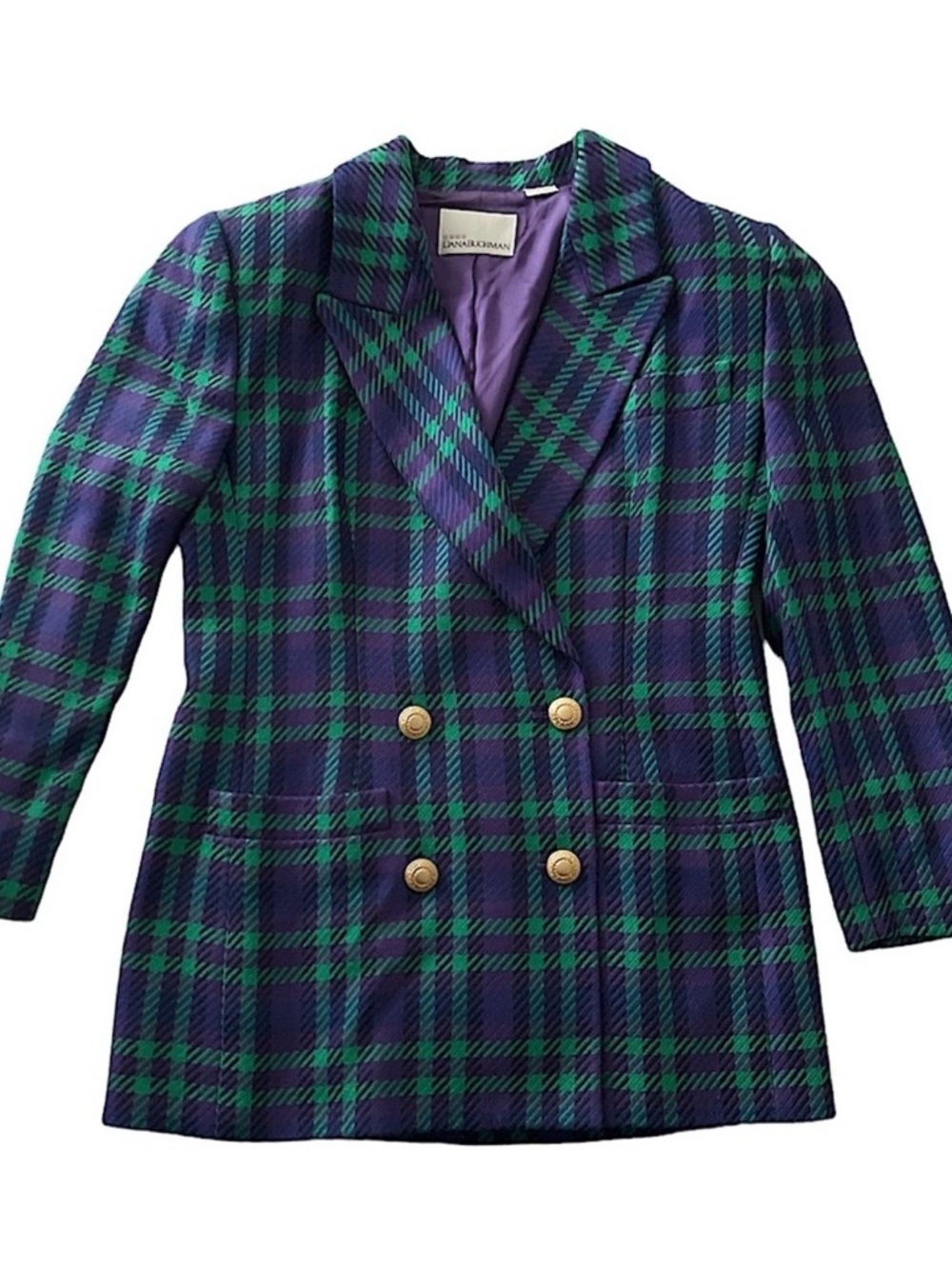 Dana Buchman Purple & Green Plaid Double-Breasted Blazer - Great Colors